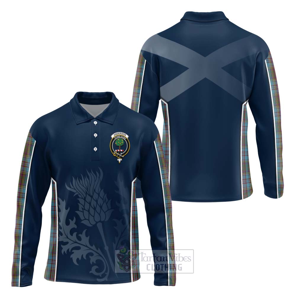 Tartan Vibes Clothing Anderson Tartan Long Sleeve Polo Shirt with Family Crest and Scottish Thistle Vibes Sport Style