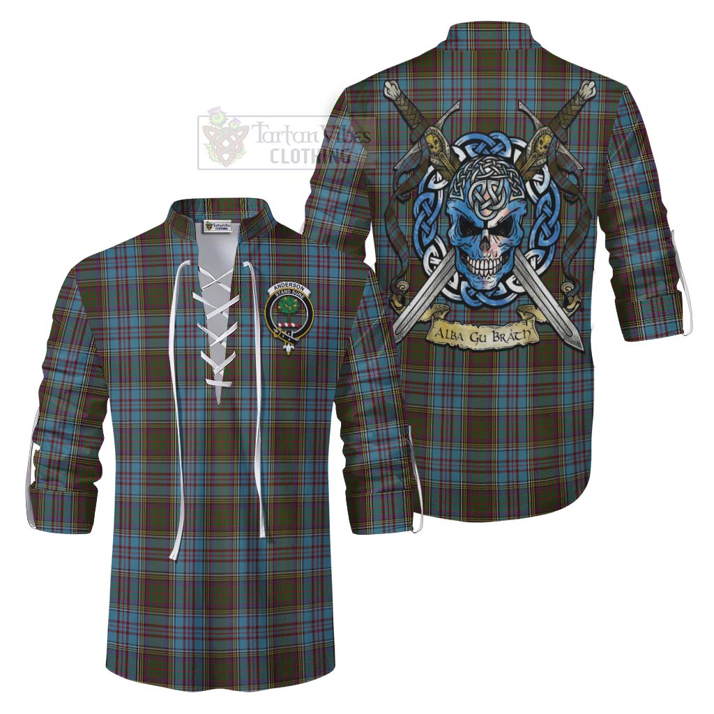 Tartan Vibes Clothing Anderson Tartan Ghillie Kilt Shirt with Family Crest Celtic Skull Style