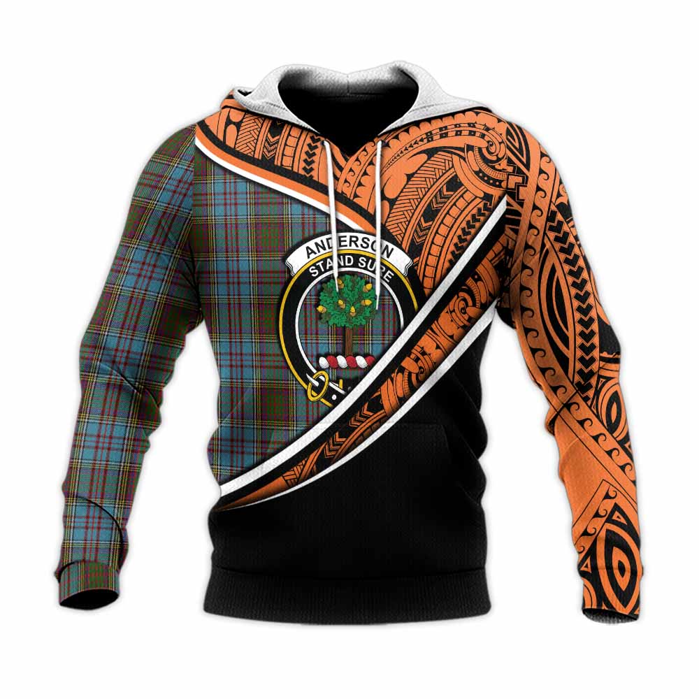 Tartan Vibes Clothing Anderson Crest Tartan Knitted Hoodie with Maori Tattoo Style - Orange Version