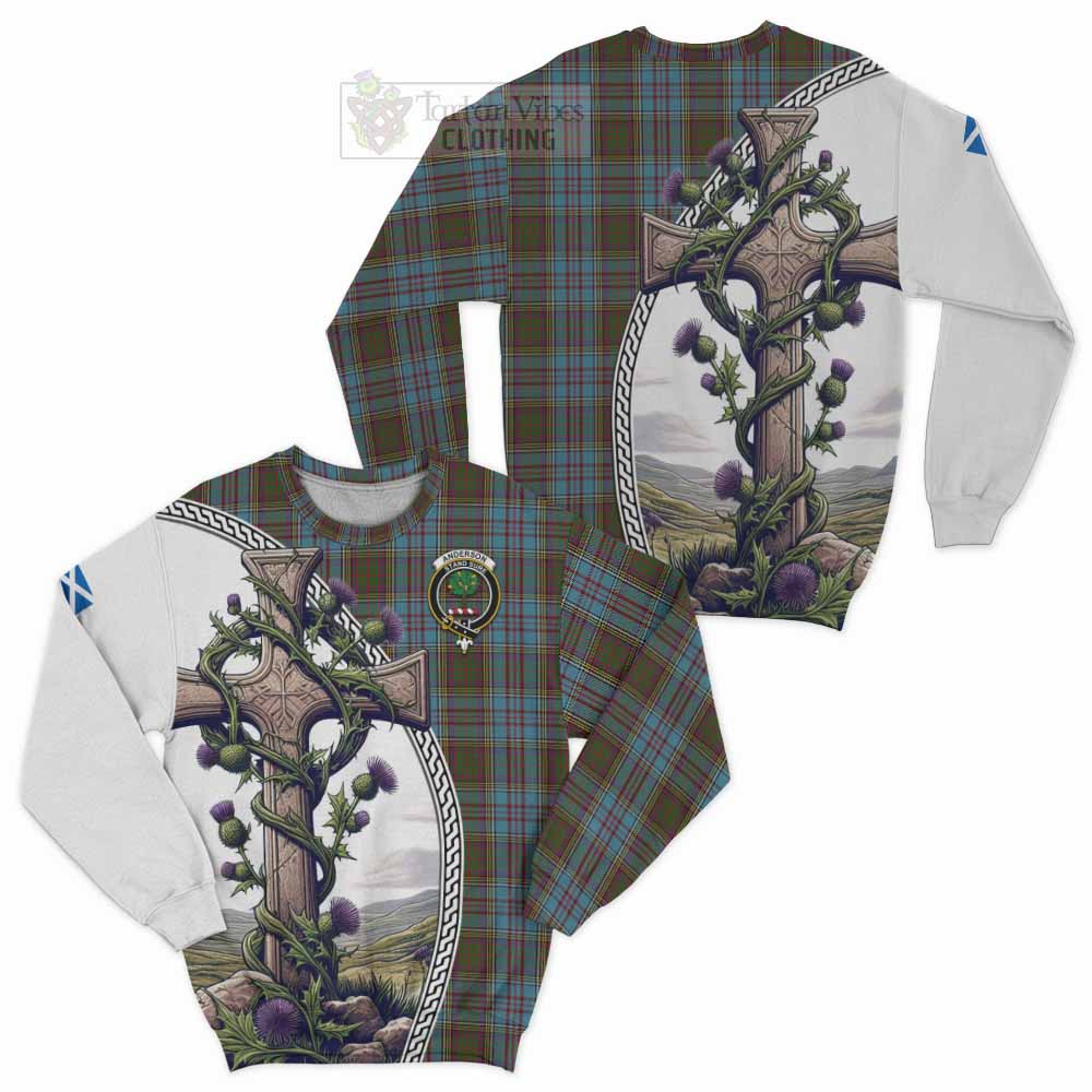 Tartan Vibes Clothing Anderson Tartan Sweatshirt with Family Crest and St. Andrew's Cross Accented by Thistle Vines