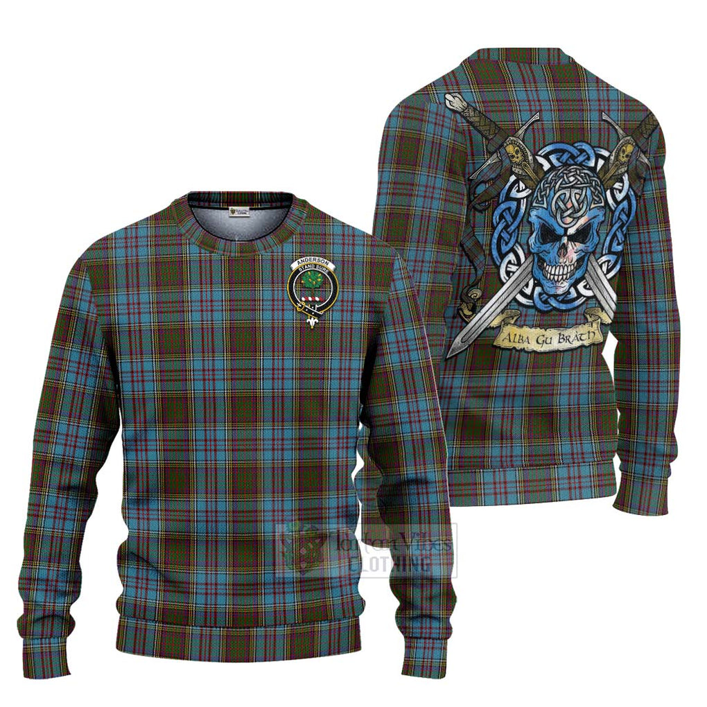 Tartan Vibes Clothing Anderson Tartan Knitted Sweater with Family Crest Celtic Skull Style