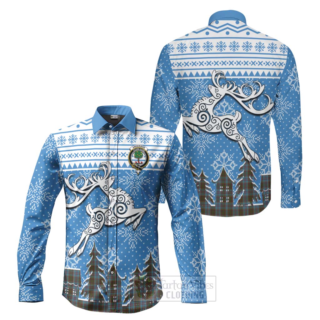 Tartan Vibes Clothing Anderson Clan Christmas Long Sleeve Button Shirt Celtic Reindeer Style