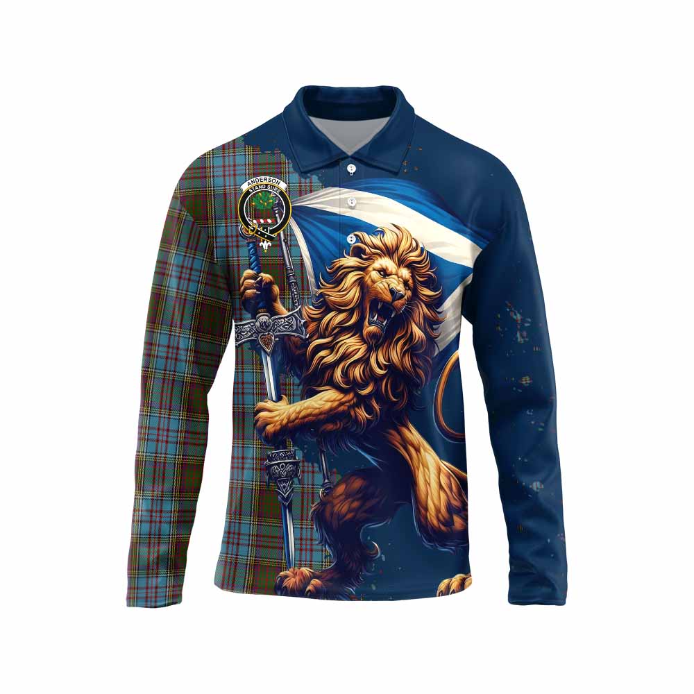 Tartan Vibes Clothing Anderson Tartan Family Crest Long Sleeve Polo Shirt with Scottish Majestic Lion