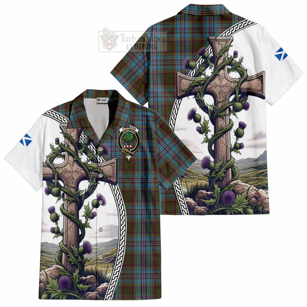 Tartan Vibes Clothing Anderson Tartan Short Sleeve Button Shirt with Family Crest and St. Andrew's Cross Accented by Thistle Vines