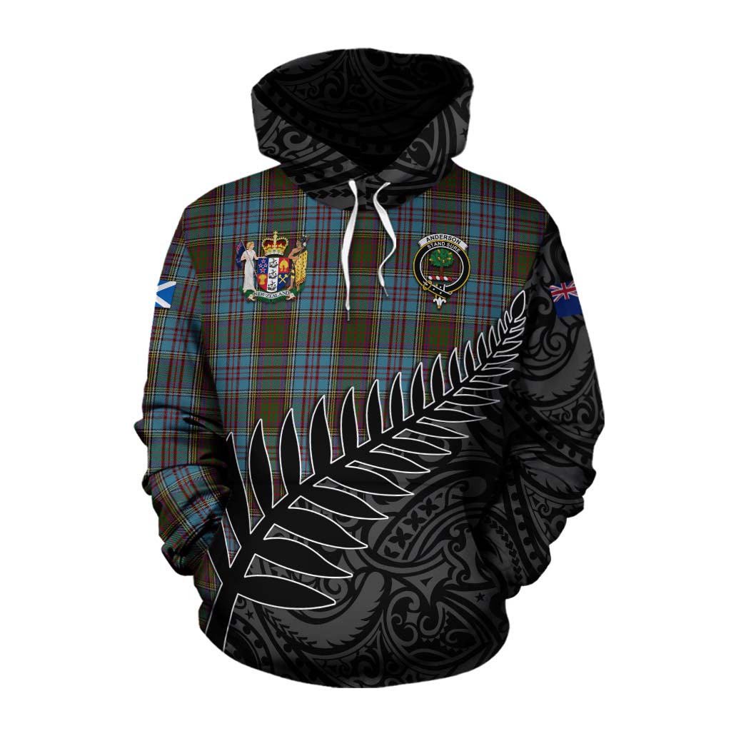 Tartan Vibes Clothing Anderson Crest Tartan Cotton Hoodie with New Zealand Silver Fern Half Style