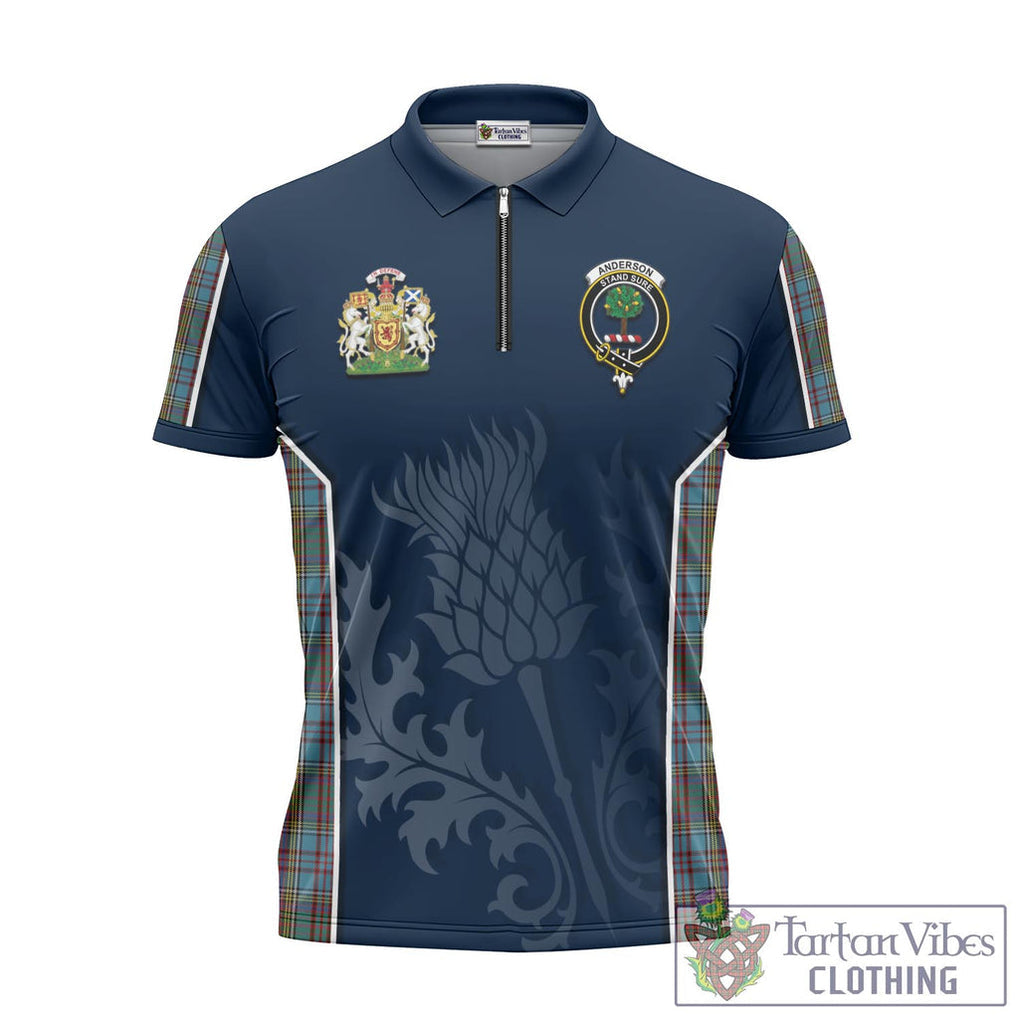 Tartan Vibes Clothing Anderson Tartan Zipper Polo Shirt with Family Crest and Scottish Thistle Vibes Sport Style