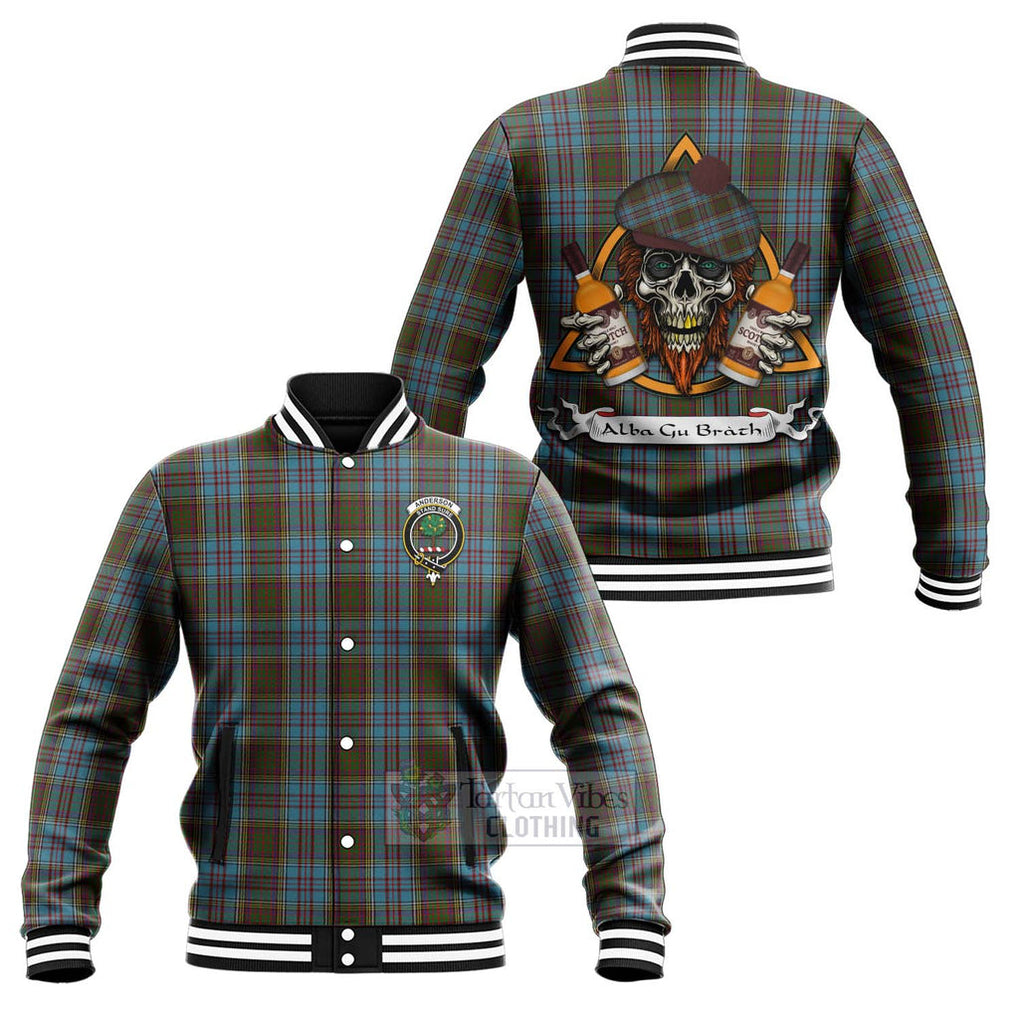 Tartan Vibes Clothing Anderson Tartan Baseball Jacket with Family Crest and Bearded Skull Holding Bottles of Whiskey