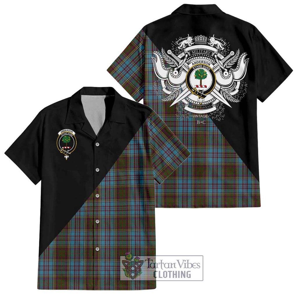 Anderson Tartan Short Sleeve Button Shirt with Family Crest and Military Logo Style Kid - Tartanvibesclothing Shop