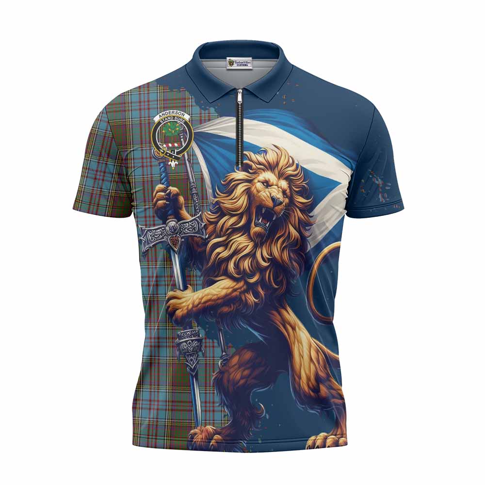 Tartan Vibes Clothing Anderson Tartan Family Crest Zipper Polo Shirt with Scottish Majestic Lion