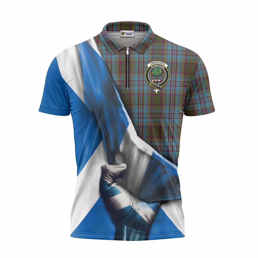 Tartan Vibes Clothing Anderson Tartan Zipper Polo Shirt with Family Crest Scotland Patriotic Style