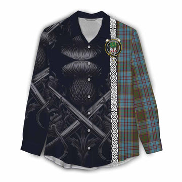 Anderson Tartan Women's Casual Shirt with Family Crest Cross Sword Thistle Celtic Vibes