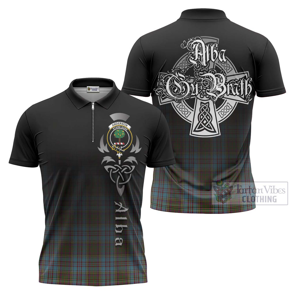 Tartan Vibes Clothing Anderson Tartan Zipper Polo Shirt Featuring Alba Gu Brath Family Crest Celtic Inspired