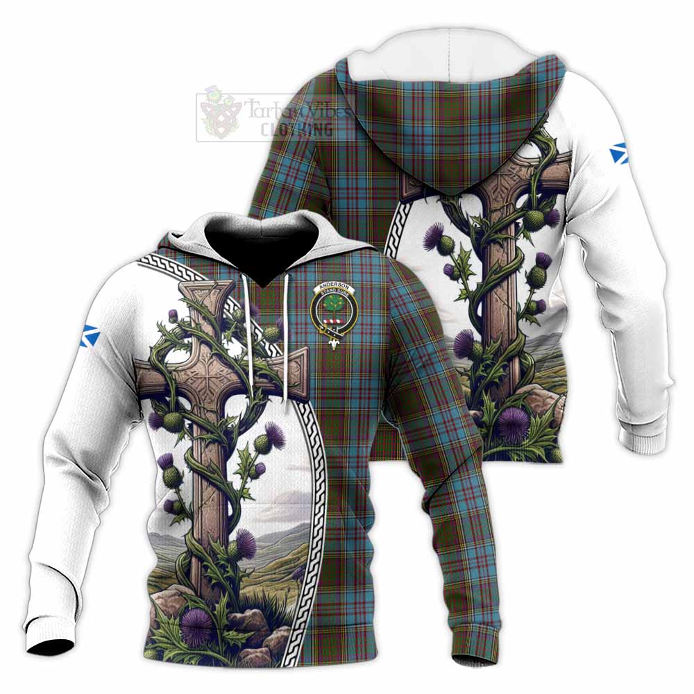 Tartan Vibes Clothing Anderson Tartan Knitted Hoodie with Family Crest and St. Andrew's Cross Accented by Thistle Vines