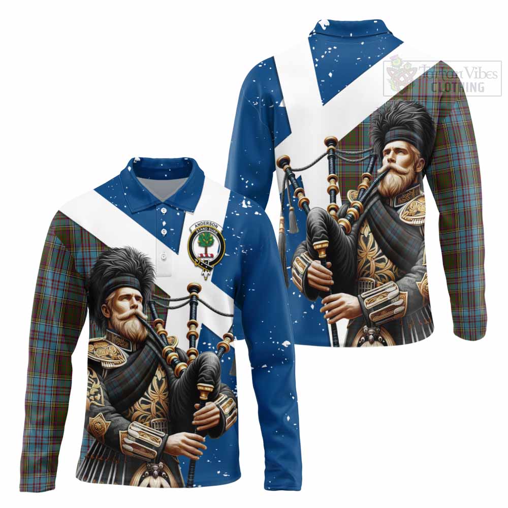 Tartan Vibes Clothing Anderson Tartan Long Sleeve Polo Shirt with Family Crest Scottish Bagpiper Vibes