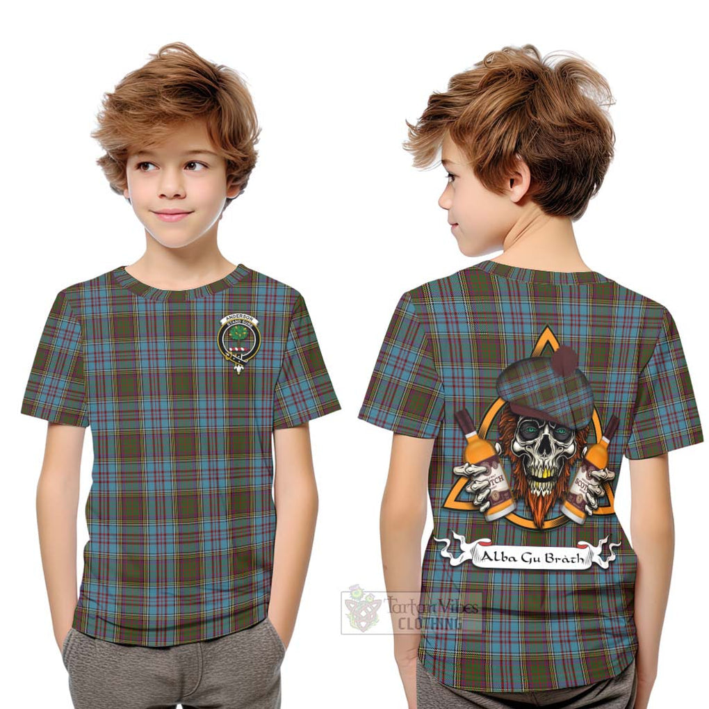 Tartan Vibes Clothing Anderson Tartan Kid T-Shirt with Family Crest and Bearded Skull Holding Bottles of Whiskey