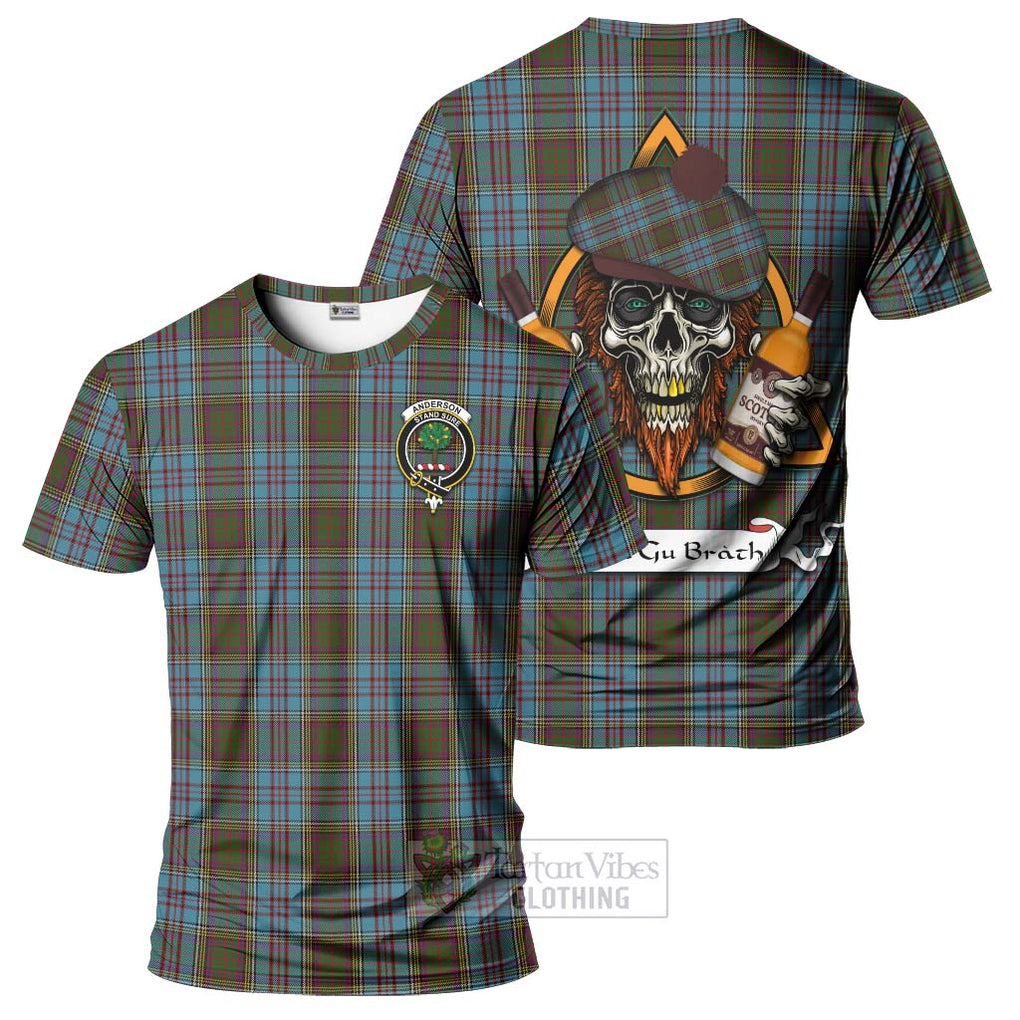 Tartan Vibes Clothing Anderson Tartan T-Shirt with Family Crest and Bearded Skull Holding Bottles of Whiskey