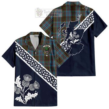 Anderson Tartan Short Sleeve Button Shirt Featuring Thistle and Scotland Map