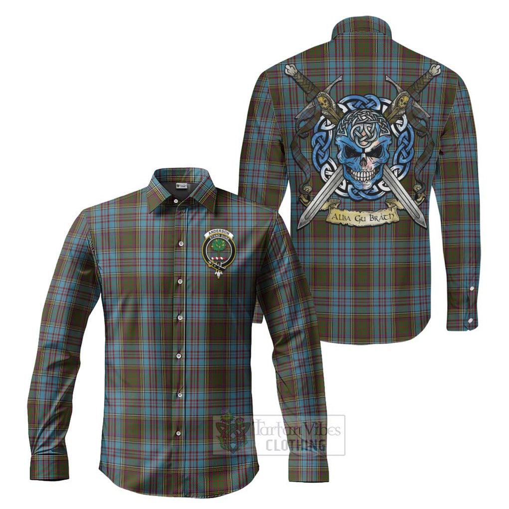 Tartan Vibes Clothing Anderson Tartan Long Sleeve Button Shirt with Family Crest Celtic Skull Style