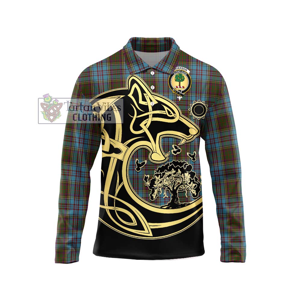 Anderson Tartan Long Sleeve Polo Shirt with Family Crest Celtic Wolf Style Unisex - Tartanvibesclothing Shop