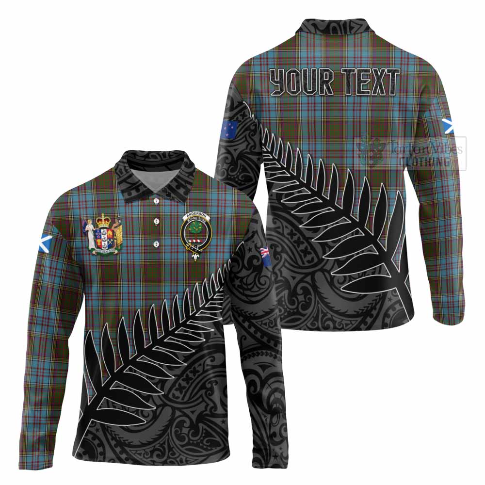 Tartan Vibes Clothing Anderson Crest Tartan Long Sleeve Polo Shirt with New Zealand Silver Fern Half Style