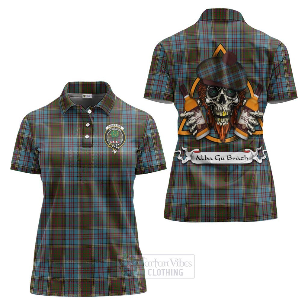 Tartan Vibes Clothing Anderson Tartan Women's Polo Shirt with Family Crest and Bearded Skull Holding Bottles of Whiskey