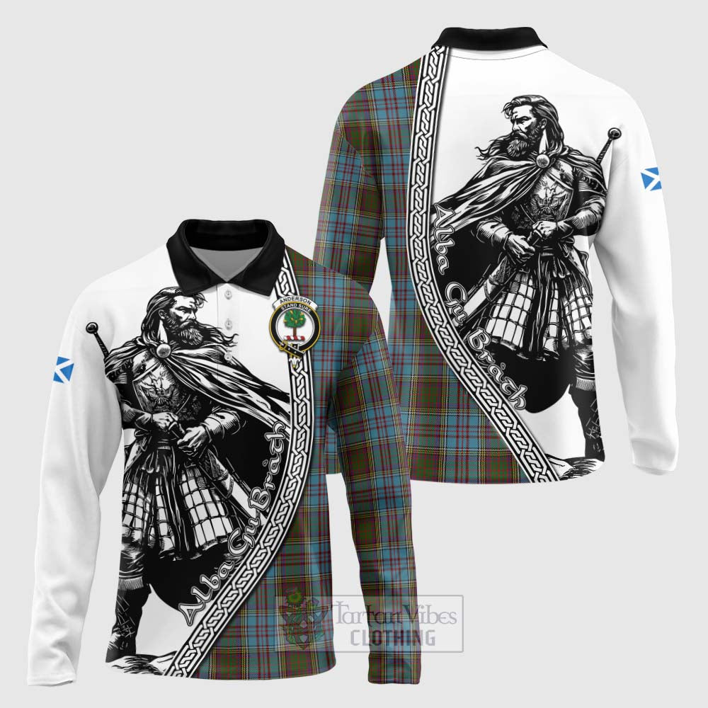 Tartan Vibes Clothing Anderson Tartan Clan Crest Long Sleeve Polo Shirt with Highlander Warrior Celtic Style