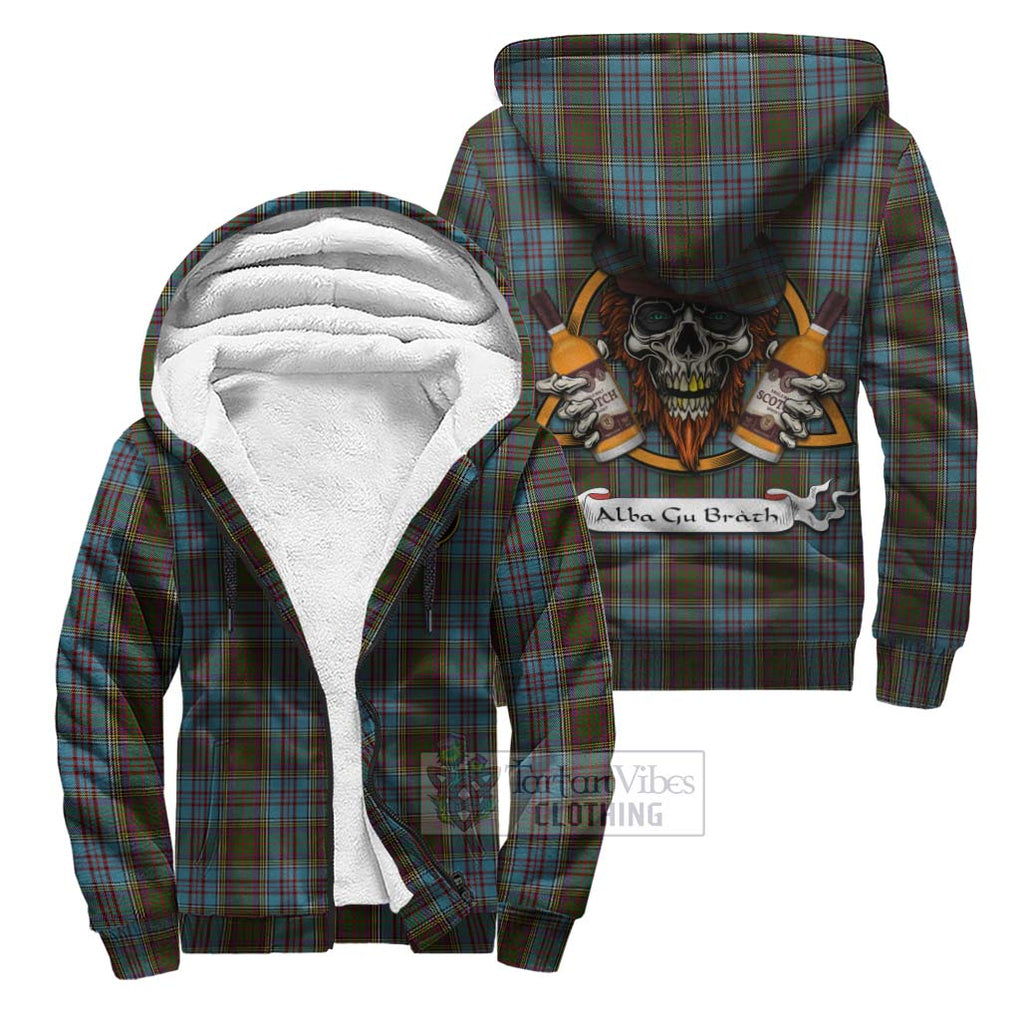 Tartan Vibes Clothing Anderson Tartan Sherpa Hoodie with Family Crest and Bearded Skull Holding Bottles of Whiskey