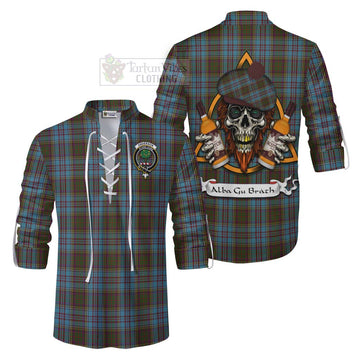 Anderson Tartan Ghillie Kilt Shirt with Family Crest and Bearded Skull Holding Bottles of Whiskey