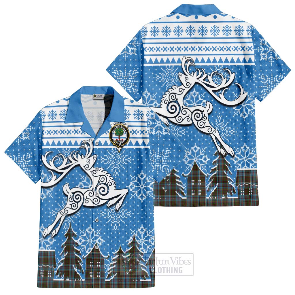 Tartan Vibes Clothing Anderson Clan Christmas Short Sleeve Button Shirt Celtic Reindeer Style