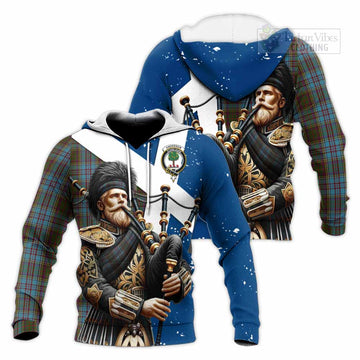 Anderson Tartan Knitted Hoodie with Family Crest Scottish Bagpiper Vibes