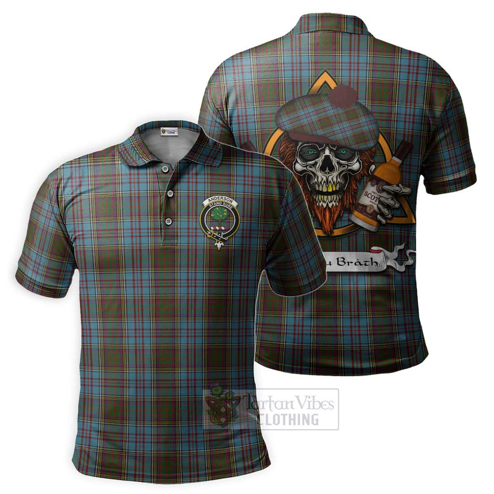 Tartan Vibes Clothing Anderson Tartan Polo Shirt with Family Crest and Bearded Skull Holding Bottles of Whiskey