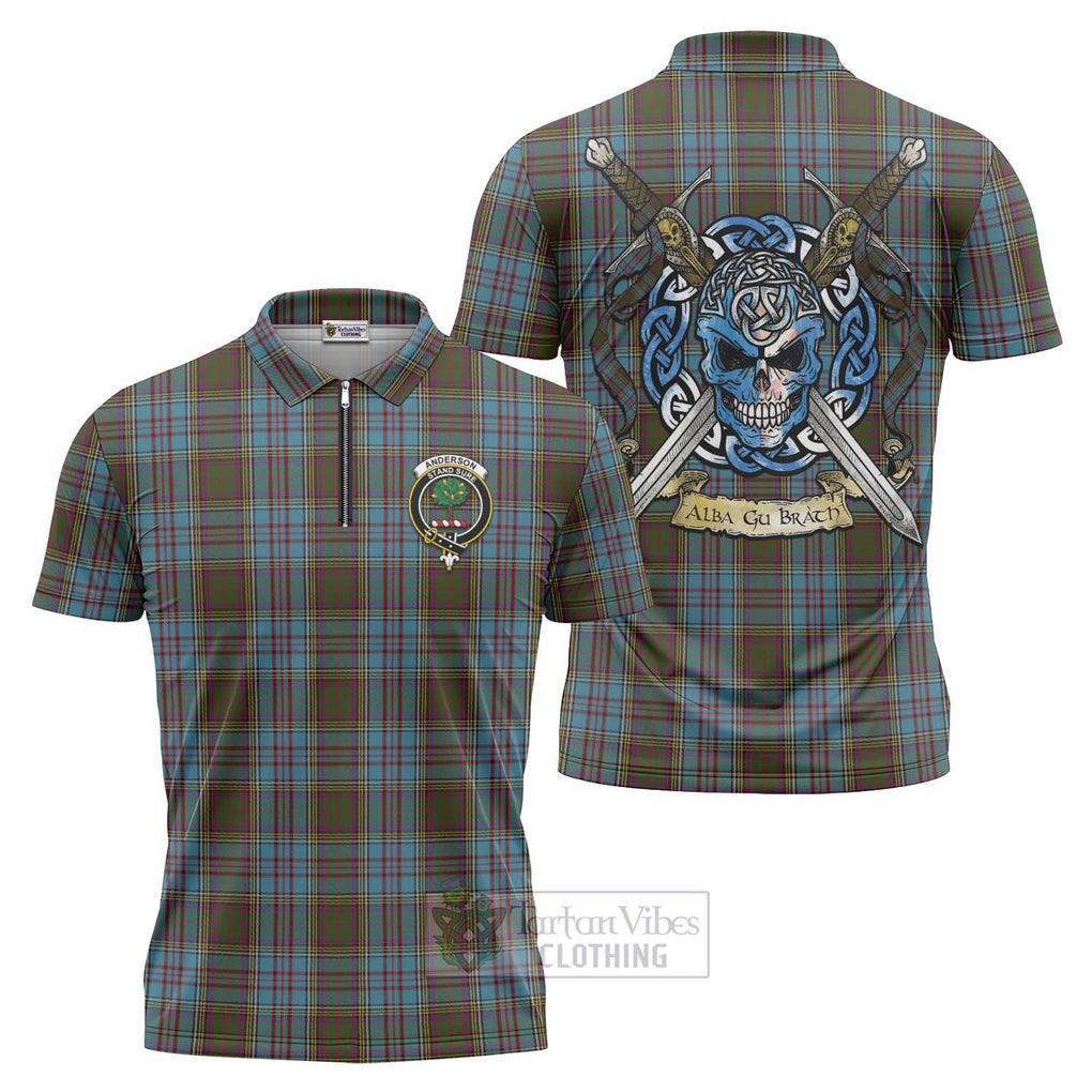 Tartan Vibes Clothing Anderson Tartan Zipper Polo Shirt with Family Crest Celtic Skull Style