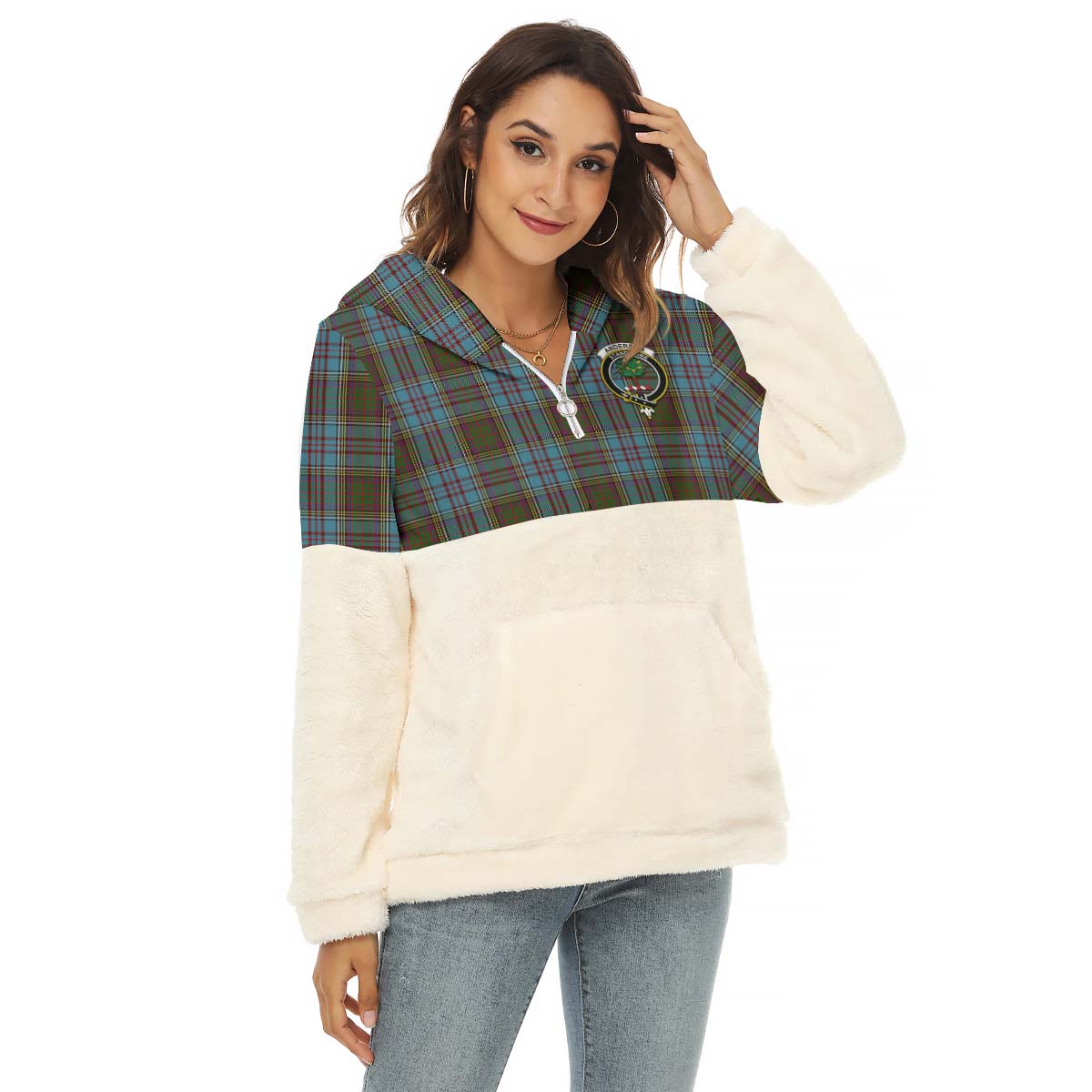 Anderson Tartan Women's Borg Fleece Hoodie With Half Zip with Family Crest Female - Tartanvibesclothing