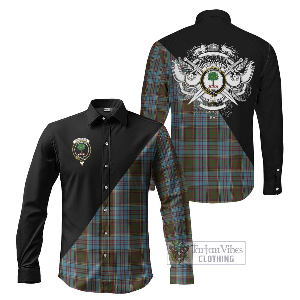 Anderson Tartan Long Sleeve Button Shirt with Family Crest and Military Logo Style Men's Shirt S - Tartanvibesclothing Shop