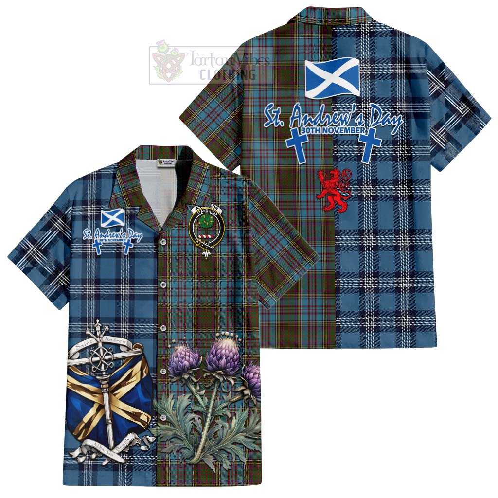 Tartan Vibes Clothing Anderson Tartan Short Sleeve Button Shirt Happy St. Andrew's Day Half Tartan Style