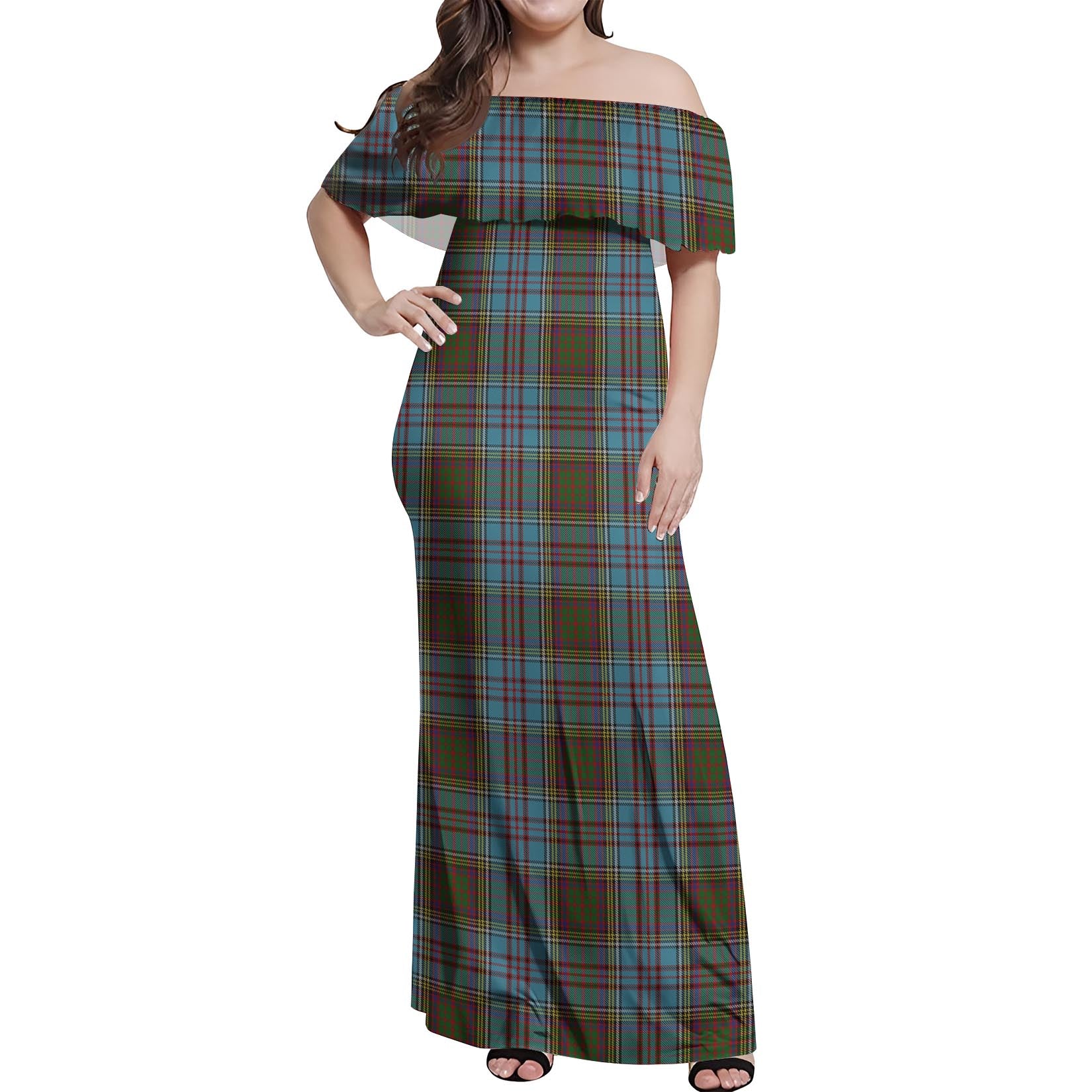 Anderson Tartan Off Shoulder Long Dress Women's Dress - Tartanvibesclothing