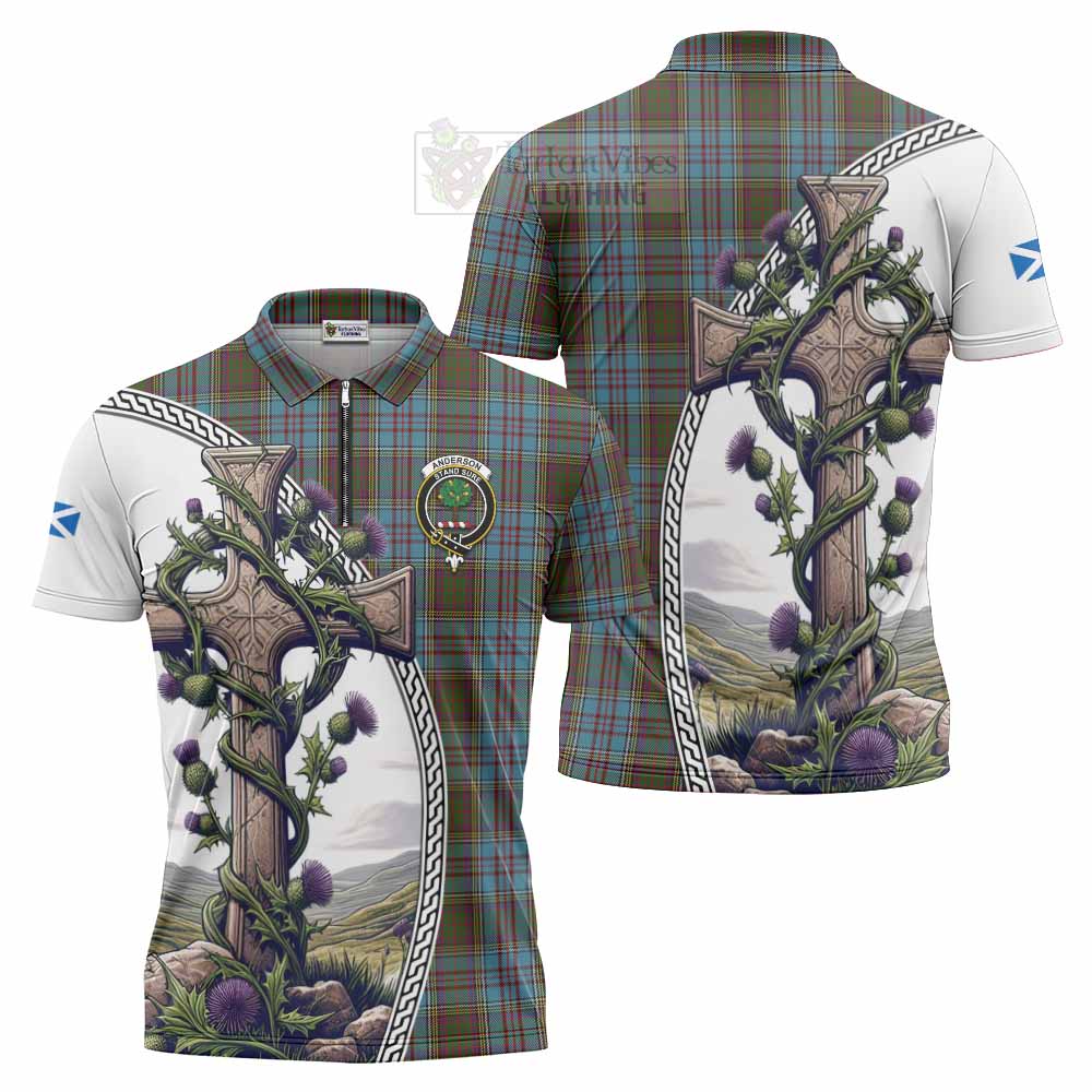 Tartan Vibes Clothing Anderson Tartan Zipper Polo Shirt with Family Crest and St. Andrew's Cross Accented by Thistle Vines