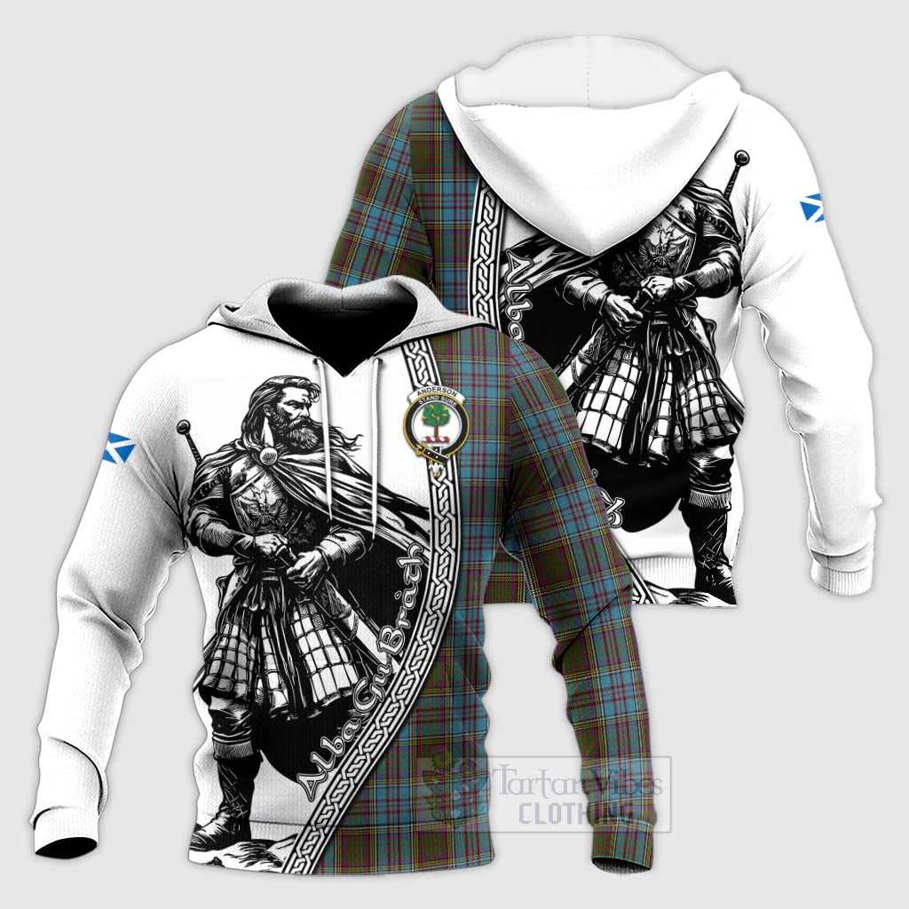 Tartan Vibes Clothing Anderson Tartan Clan Crest Knitted Hoodie with Highlander Warrior Celtic Style