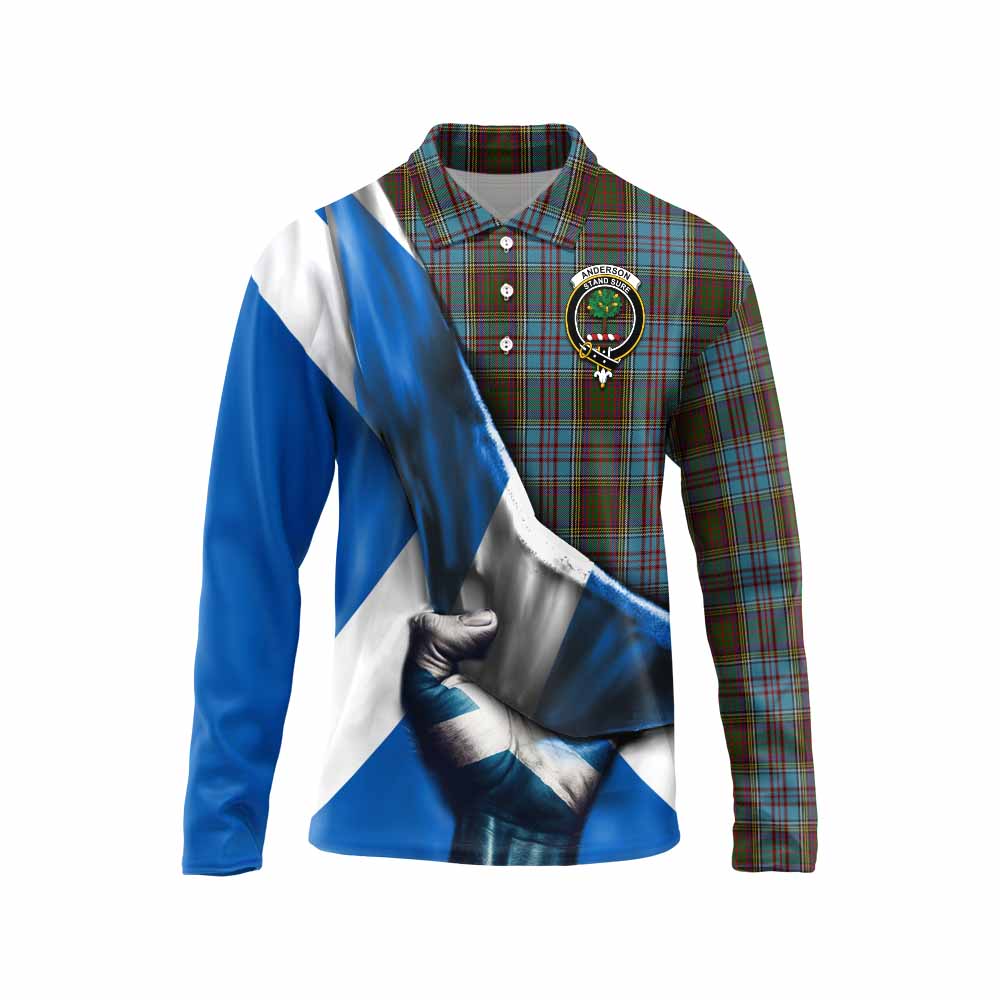 Tartan Vibes Clothing Anderson Tartan Long Sleeve Polo Shirt with Family Crest Scotland Patriotic Style