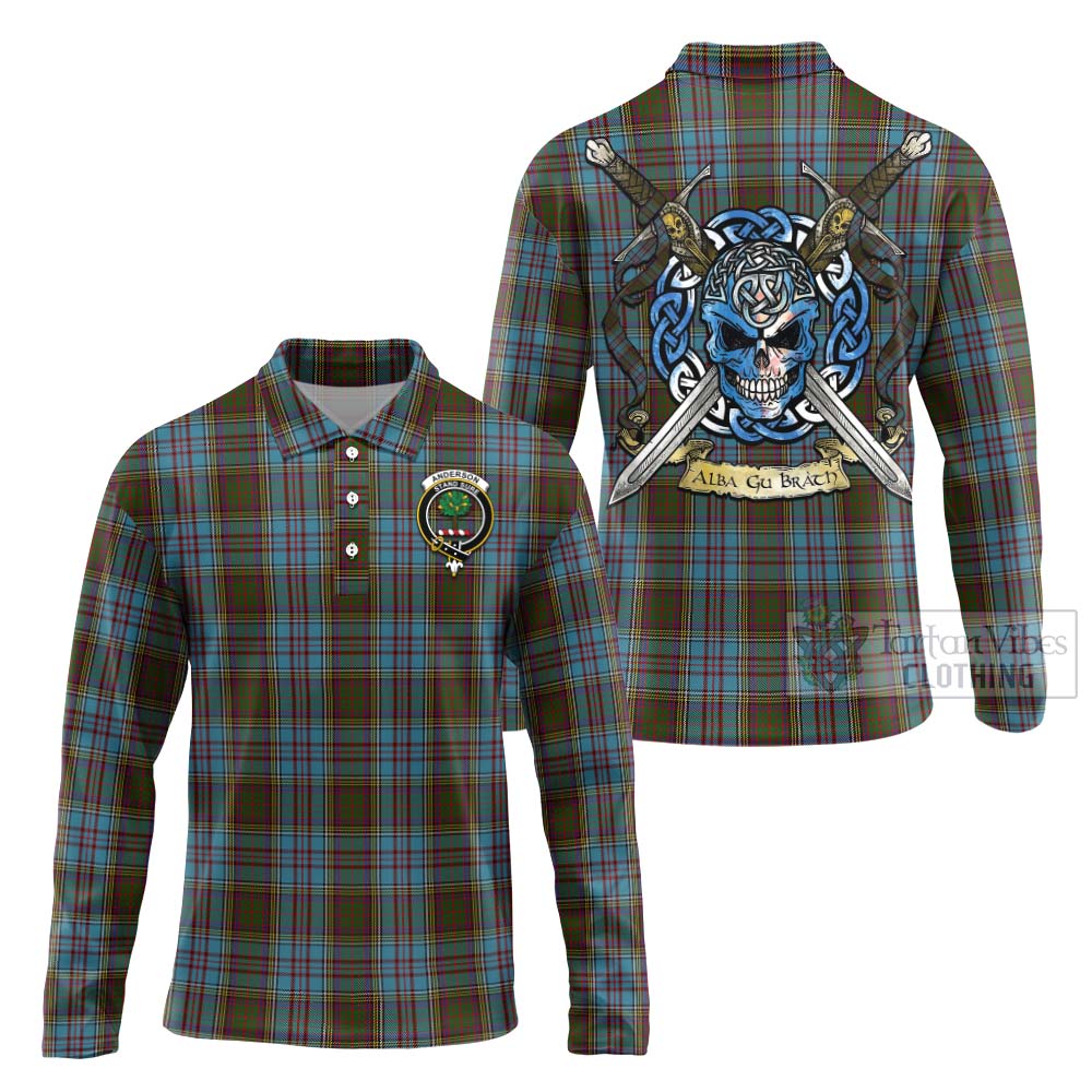 Tartan Vibes Clothing Anderson Tartan Long Sleeve Polo Shirt with Family Crest Celtic Skull Style