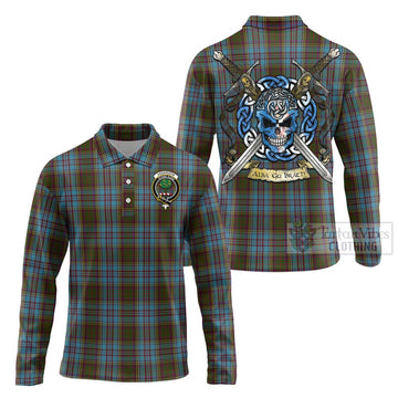 Anderson Tartan Long Sleeve Polo Shirt with Family Crest Celtic Skull Style