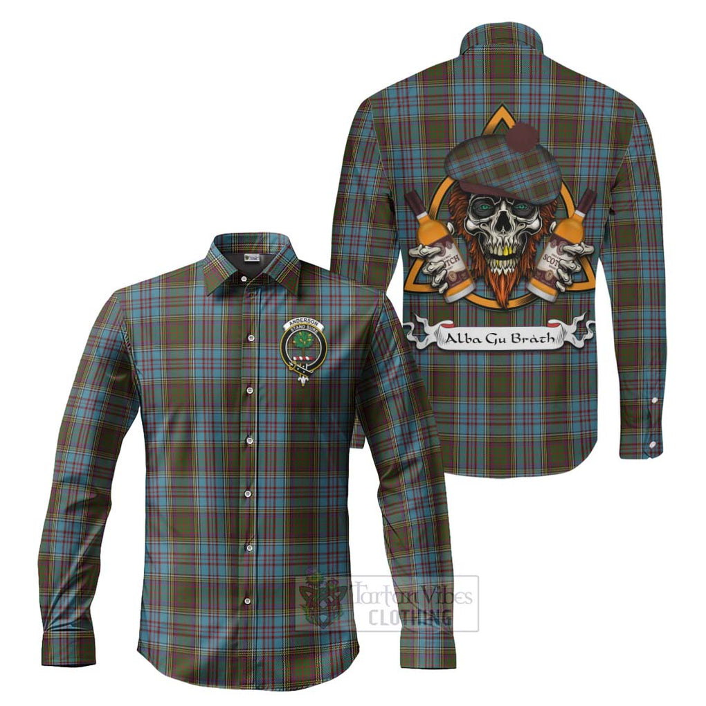 Tartan Vibes Clothing Anderson Tartan Long Sleeve Button Shirt with Family Crest and Bearded Skull Holding Bottles of Whiskey