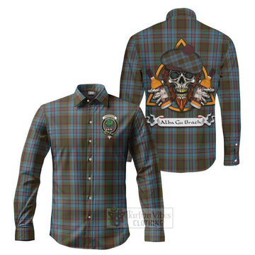 Anderson Tartan Long Sleeve Button Shirt with Family Crest and Bearded Skull Holding Bottles of Whiskey