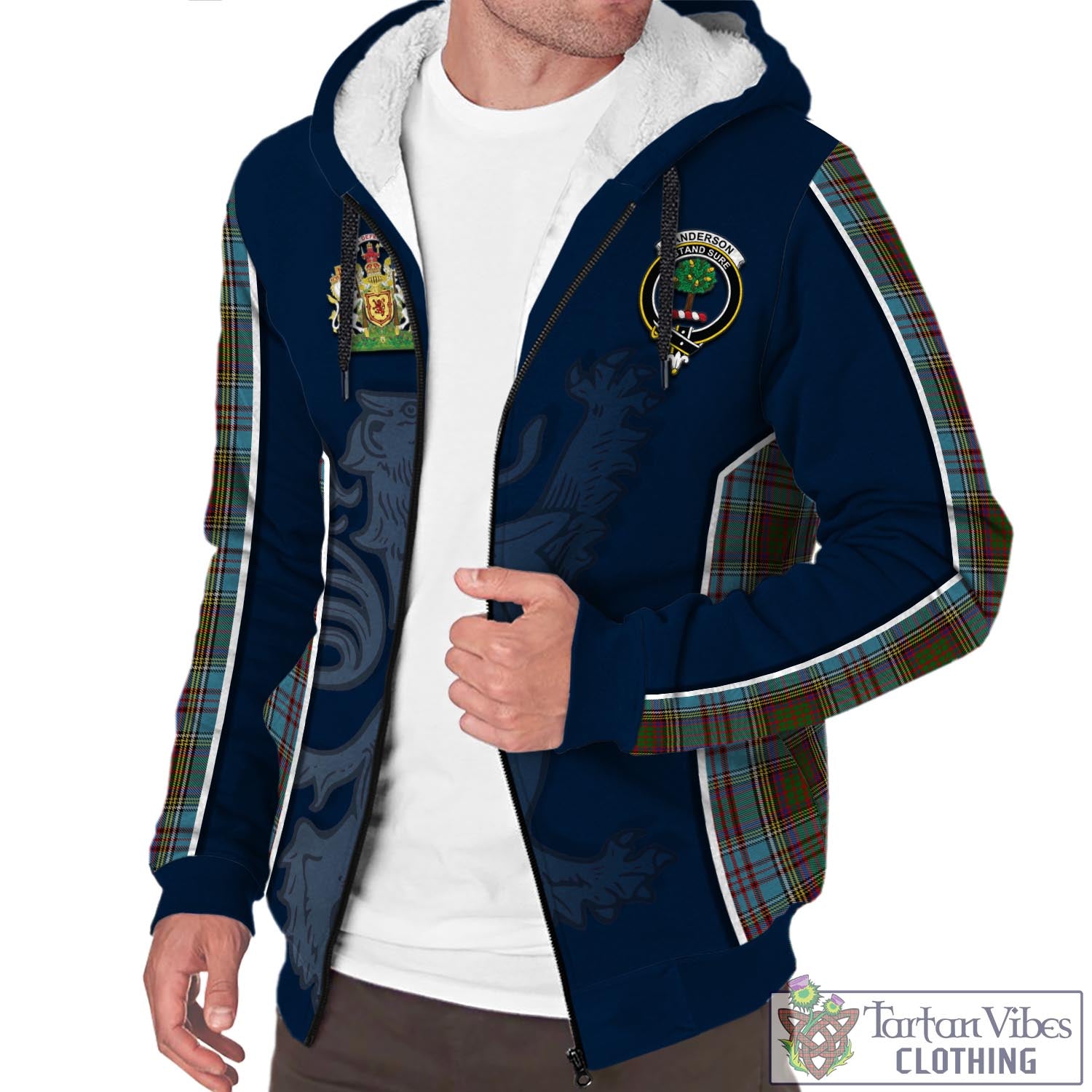 Tartan Vibes Clothing Anderson Tartan Sherpa Hoodie with Family Crest and Lion Rampant Vibes Sport Style