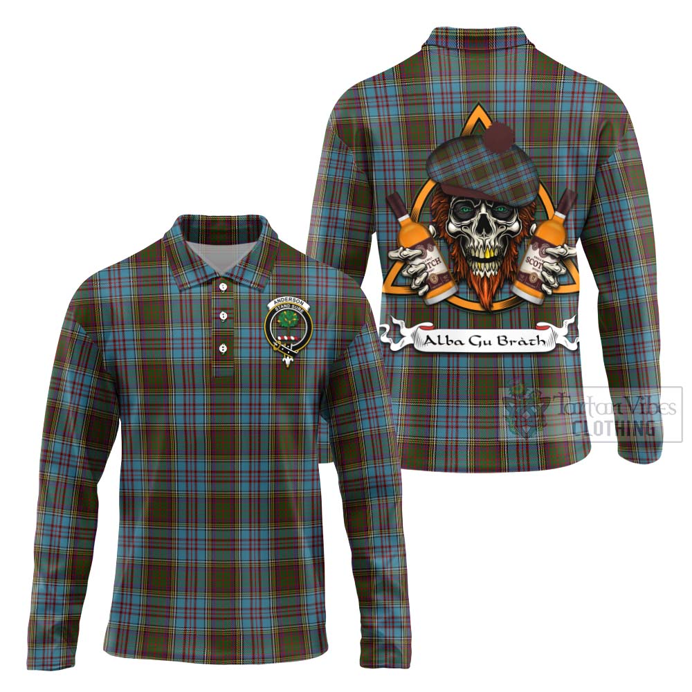 Tartan Vibes Clothing Anderson Tartan Long Sleeve Polo Shirt with Family Crest and Bearded Skull Holding Bottles of Whiskey