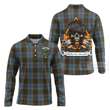 Anderson Tartan Long Sleeve Polo Shirt with Family Crest and Bearded Skull Holding Bottles of Whiskey