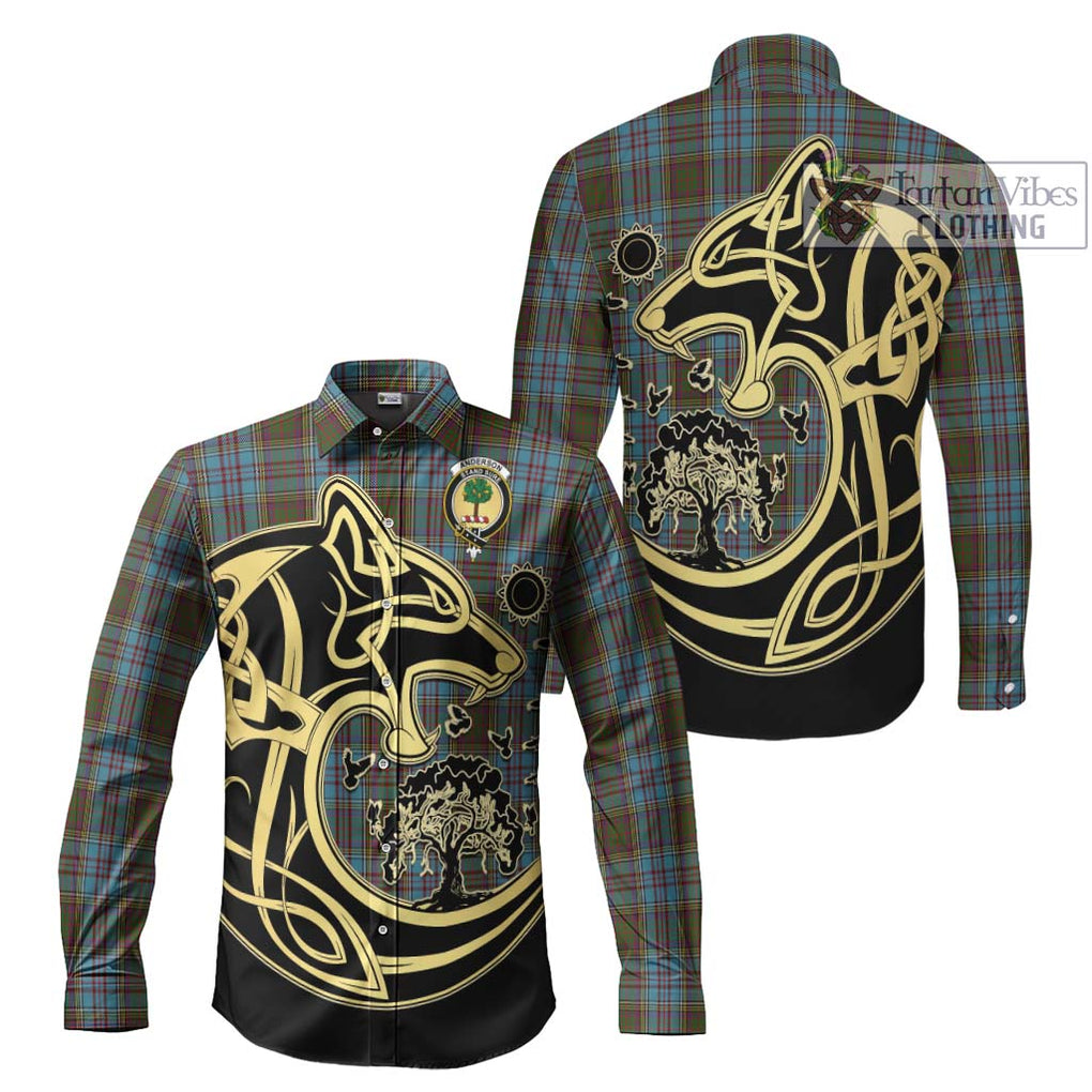 Anderson Tartan Long Sleeve Button Shirt with Family Crest Celtic Wolf Style Men's Shirt S - Tartan Vibes Clothing