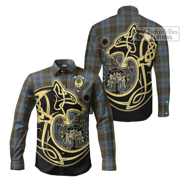 Anderson Tartan Long Sleeve Button Shirt with Family Crest Celtic Wolf Style