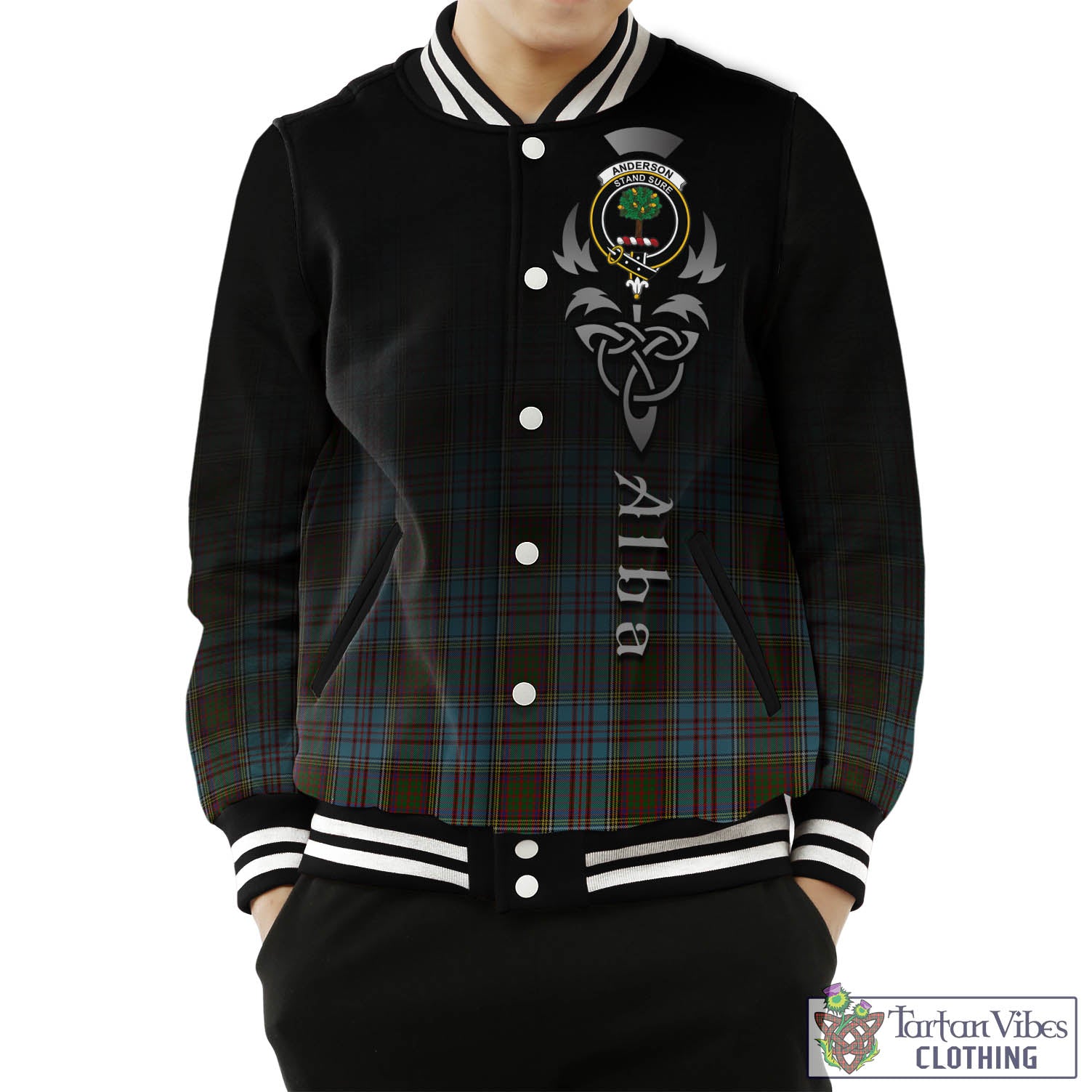 Tartan Vibes Clothing Anderson Tartan Baseball Jacket Featuring Alba Gu Brath Family Crest Celtic Inspired