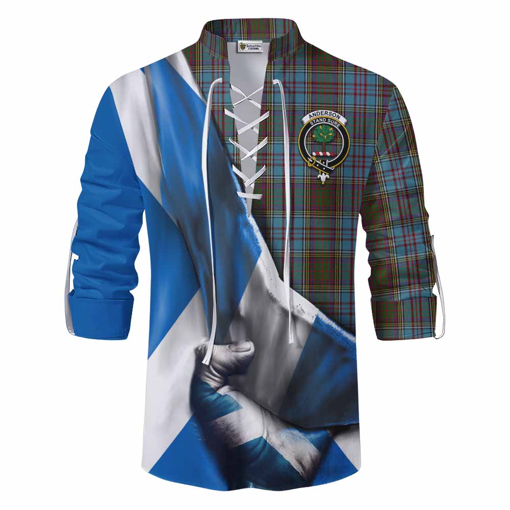 Tartan Vibes Clothing Anderson Tartan Ghillie Kilt Shirt with Family Crest Scotland Patriotic Style